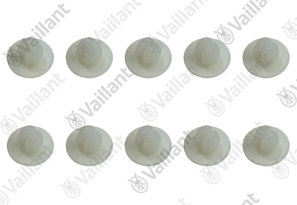 Vaillant Clips in weißer Farbe, flache Basis mit erhöhter Mitte, in einer Anordnung von zehn Stück auf hellem Hintergrund.